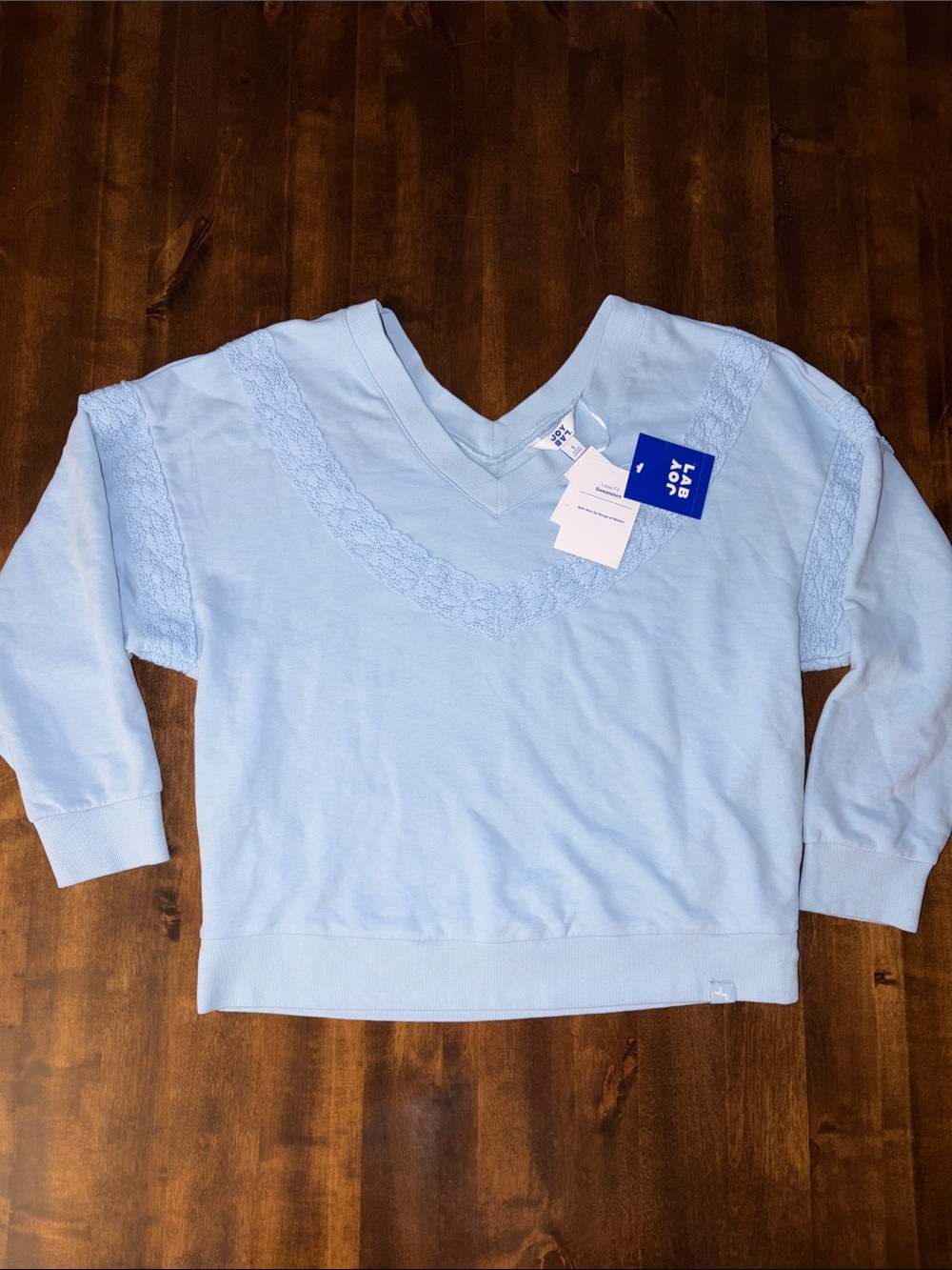 JoyLab Light Blue Loose Fit V-Neck Sweatshirt with Lace Trim NWT S